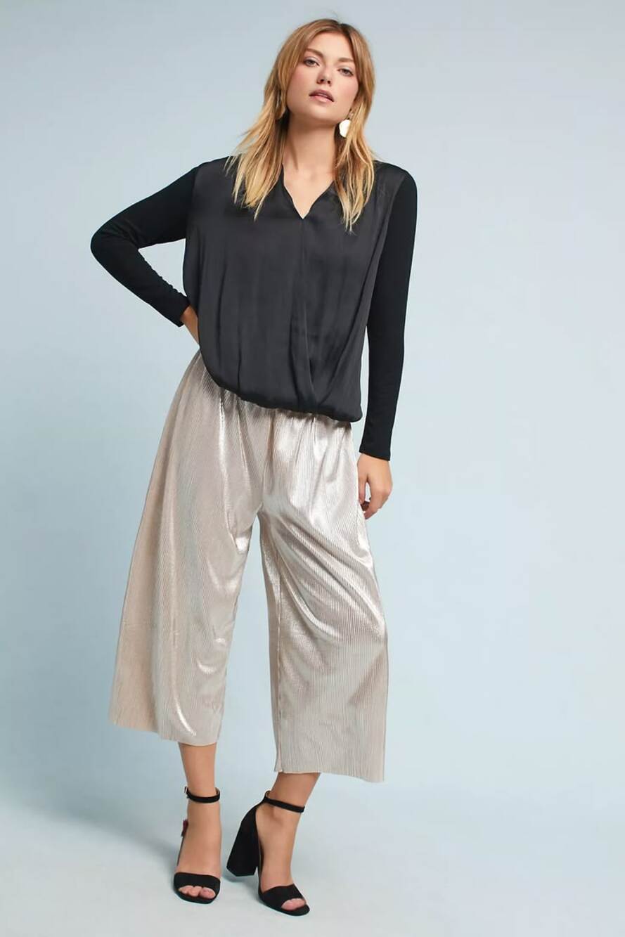 Anthropologie Dolan Dark Green Satin Saros Cross-Front V-Neck Flowing Blouse